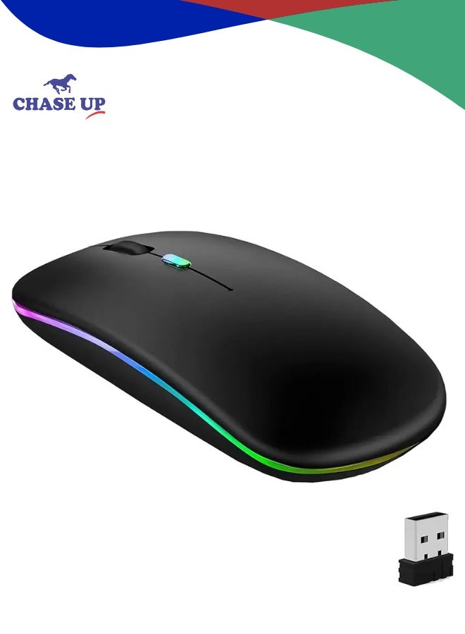 Chase Up Wireless Bluetooth Mouse, LED Slim Dual Mode (Bluetooth 5.1 + USB) 2.4GHz Rechargeable Silent Bluetooth Wireless Mouse, Computer Mice with USB Receiver(Black)