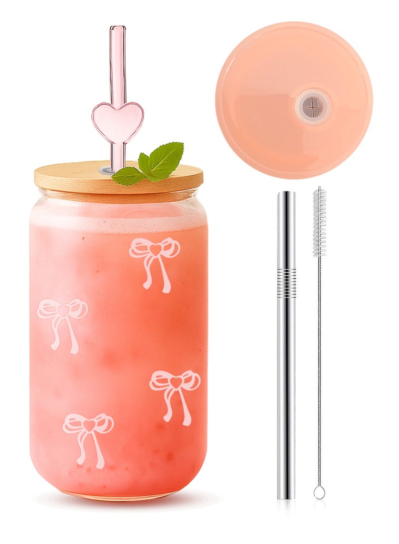 DAMCONME Cute Pink Bow Glass Cups with Lids and Straws, Aesthetic Iced Coffee Cup, Girly Preppy Design Tumbler Mug, Birthday   Gifts for Girl, Teen Girl Gifts Trendy Stuff - Image 1