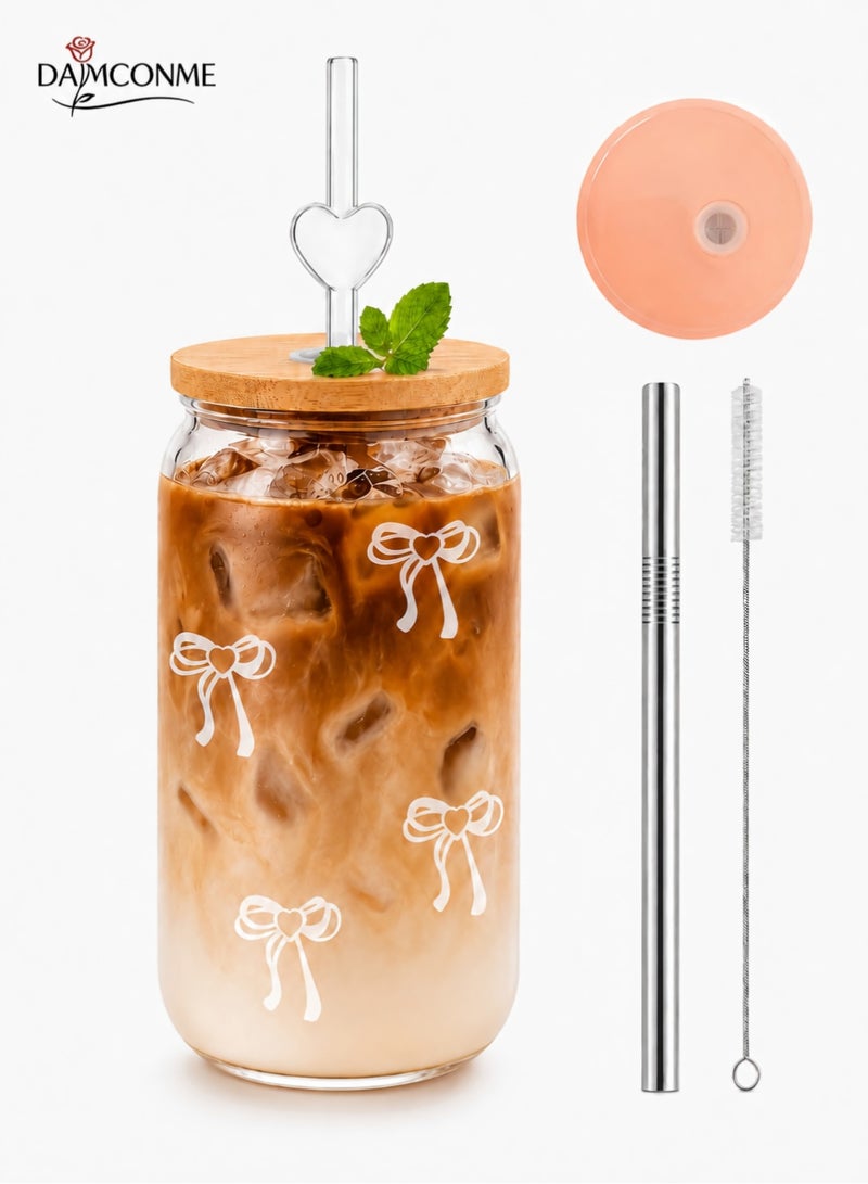 DAMCONME Cute Pink Bow Glass Cups with Lids and Straws, Aesthetic Iced Coffee Cup, Girly Preppy Design Tumbler Mug, Birthday   Gifts for Girl, Teen Girl Gifts Trendy Stuff - Image 1