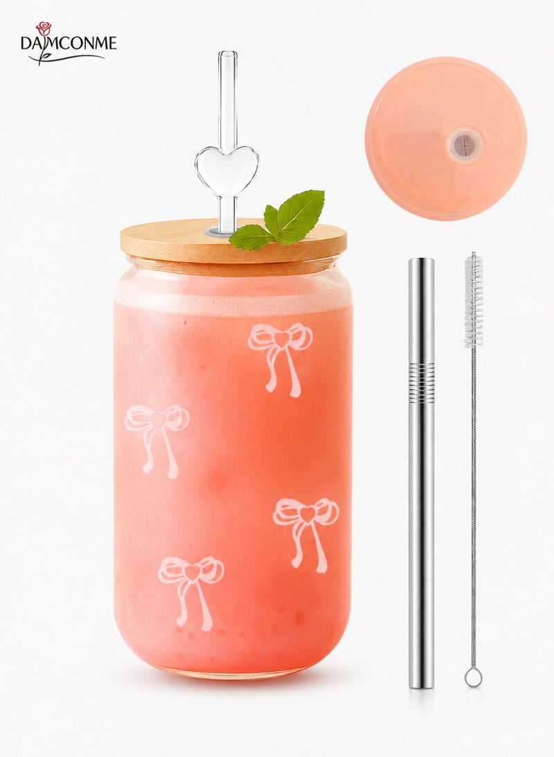 DAMCONME Cute Pink Bow Glass Cups with Lids and Straws, Aesthetic Iced Coffee Cup, Girly Preppy Design Tumbler Mug, Birthday   Gifts for Girl, Teen Girl Gifts Trendy Stuff - Image 1