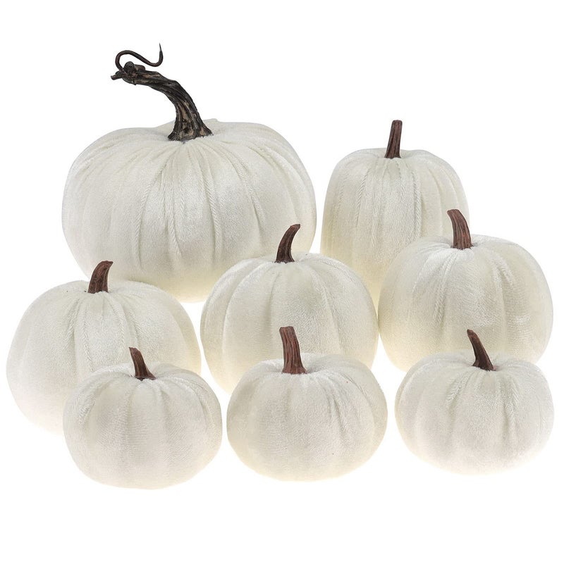 Gresorth Gresorth 8pcs Assorted Size Fake Handmade White Velvet Pumpkins Artificial Fall Harvest Halloween Decoration for Home Kitchen Farmhouse Thanksgiving Wedding Festival  - Image 1