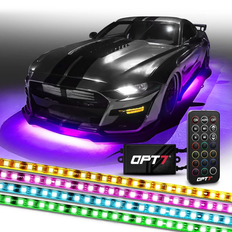 OPT7 Aura Flexible Underglow Car Lights with APP Remote Control Exterior Neon Accent Underbody Lighting Kit 4 PCS RGB LED Light Strips for Cars Trucks RV Waterproof Multi Colors Music Mode 12V