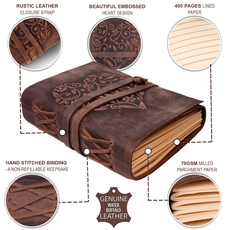 moonster Leather Journal for Women Heart Pattern Lined Notebooks 7x5 inch Small Lined Notebooks Kraft Paper 400 Pages Lined Paper Notebook Inspirational Gifts for Women - Image 3