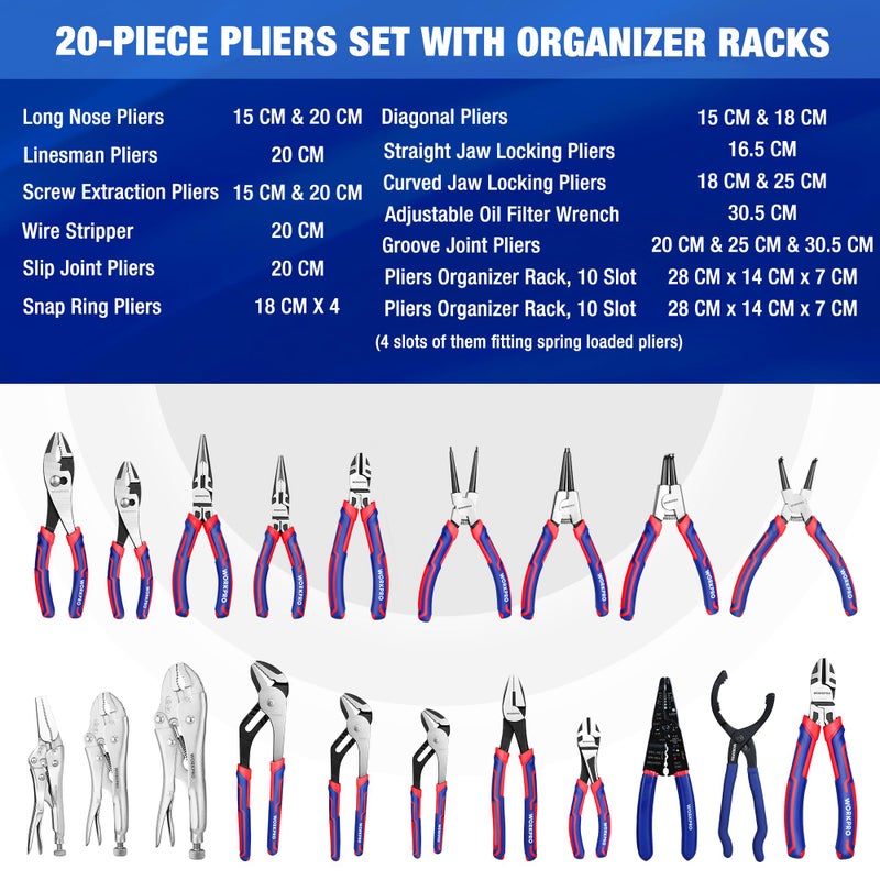 WORKPRO Pliers Set, 20 Pieces Pliers Tool Set with 2 Packs Organizer Rack, Slip Joint Pliers, Channel Locks Plier and Vise Grip Plier Assortment for Home, Garage, Mechanics & DIY Projects - Image 2