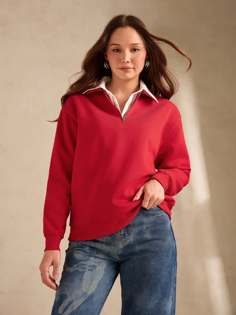 أوجيدر Red Plush Russian Fleece Zip-Up Sweatshirt