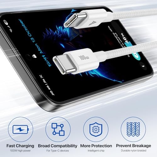 DR VAKU® 100w PD Braided Type C To Type C Cable 2M Fast Charging High Speed Data Transfer for iPhone, MacBook, Monitor, Laptop, iPad, Tablets, Samsung, Hp, Dell, Microsoft,Lenovo Type C Devices-White - Image 5