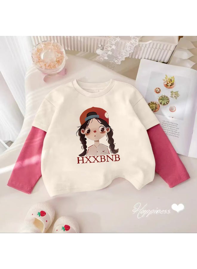 Girls' Long-sleeve T-shirt, Autumn Pure Cotton Round Neck, Faux Two-piece Cartoon Stylish Little Girl Base Shirt, Children's Trendy Top