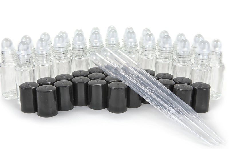 Vivaplex 24, Clear, Mini (Approx. 4 ml, 1/8 fl. oz) Glass Roll on Bottles, with 3-3 ml Droppers - Image 1