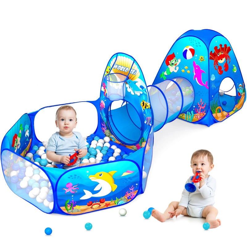 PigPigPen 3 in 1 Kids Play Tent with Play Tunnel Ball Pit Basketball Hoop for Boys Girls Toddler Pop Up Playhouse Toy for Baby IndoorOutdoor Gift for Year Old Child Ocean 3pc Play Tent - Image 3