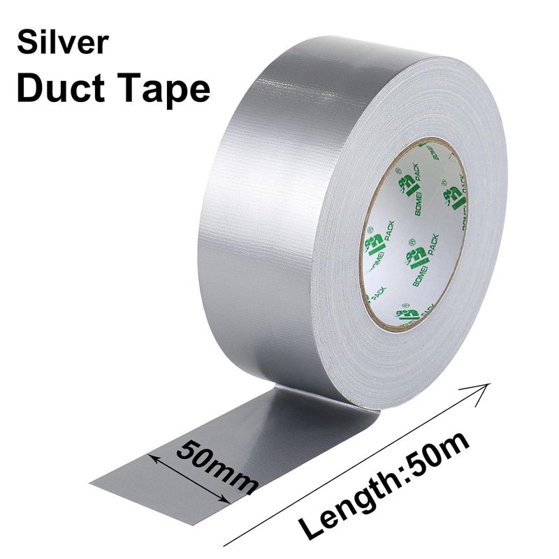 BOMEI PACK 1 Rolls Silver Duct Tape Reinforced Heavy Duty Grey Gaffer Tape 50mm x 50m Ducts Fixing Craft DIY Book repair Carpet seaming Box Sealing Carton Packing - Image 2