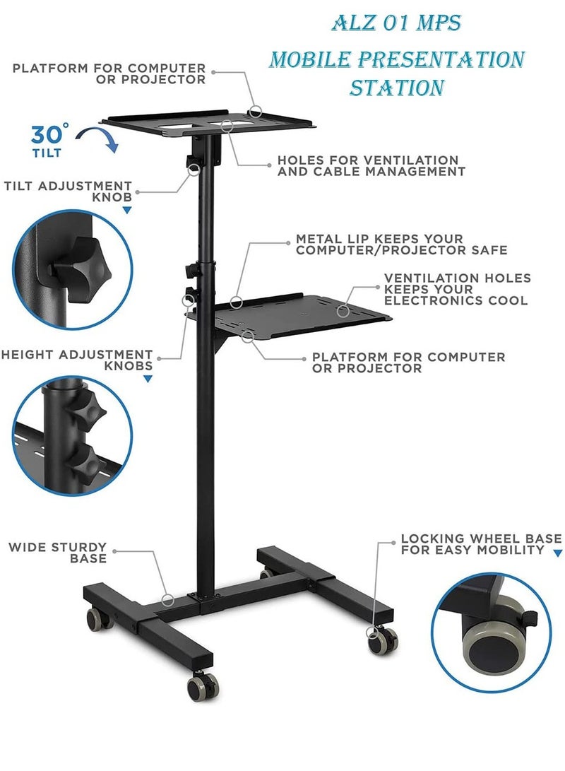 REBENUO Projector & Laptop Height Adjustable Trolley Mobile Projection Stand Black - Image 2