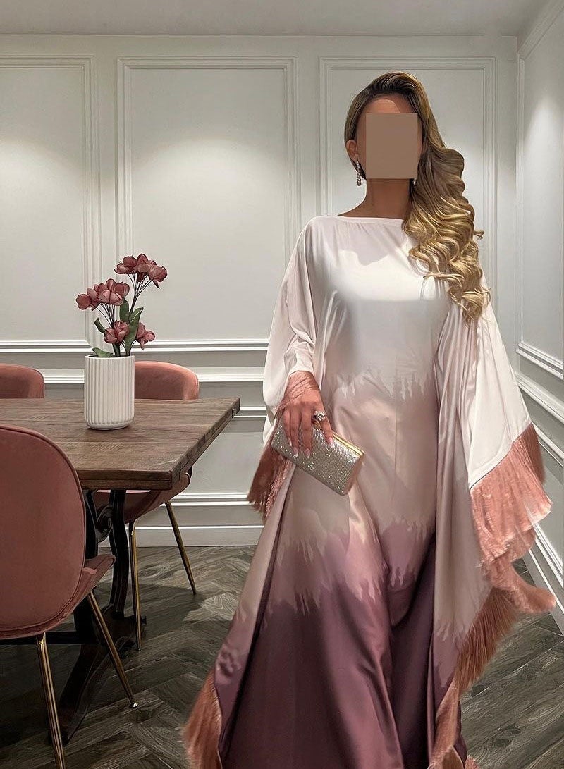 جيوان الملابسالساتان تدرج اللون الإسلامي المسلمالإناث Abaya فستان رمضان عيد الفطر الصيف الخفافيش الأكمام فستان طويل كفتان رداء رمضان - Image 2