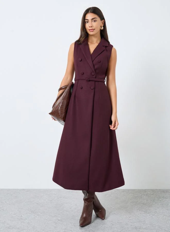 Burgundy Sleeveless Blazer Midi Dress