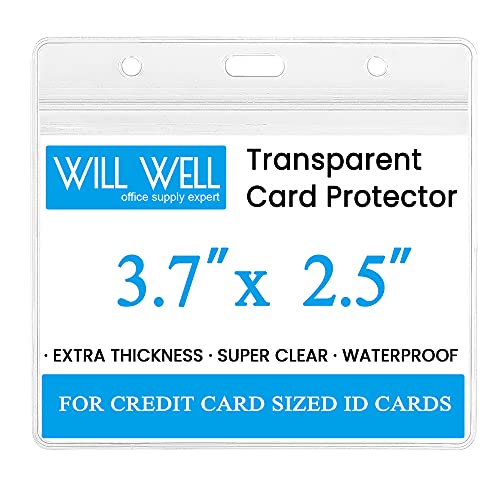 Will Well ID Badge Holders with Holes for Lanyards and Keyrings - Horizontal Clear Plastic 3.7" x 2.5" Inner Size Sleeves Fit Up to 3 Cards, 0.8mm Thick Waterproof Resealable Zip Type - 6-Pack - Image 1