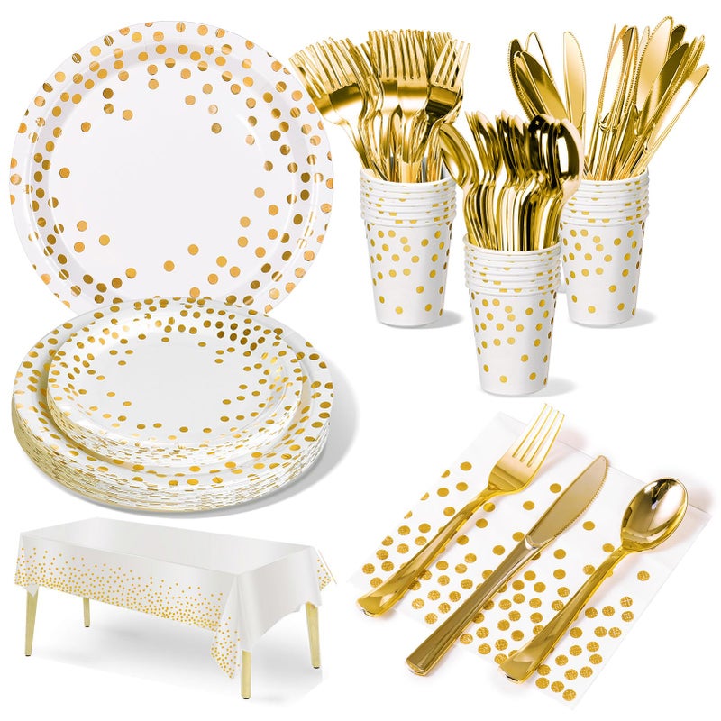 Nkaiso 141 Pieces White Gold Party Supplies Party Dinnerware Sets Include Paper Plates Napkins Cups Silverware for Wedding Bridal Shower Engagement Birthday Parties Decoration 20 Serves