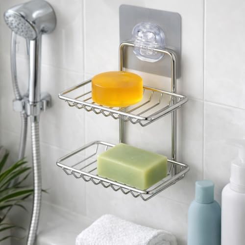 RACKORA Wall Mounted Double Layer soap Dish Holder Stainless Steel Wall Hanging Soap Storage Rack for Kitchen Bathroom-with Self Adhesive Magic Sticker (Pack of 2, Silver) - Image 5