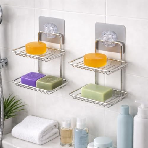 RACKORA Wall Mounted Double Layer soap Dish Holder Stainless Steel Wall Hanging Soap Storage Rack for Kitchen Bathroom-with Self Adhesive Magic Sticker (Pack of 2, Silver) - Image 1
