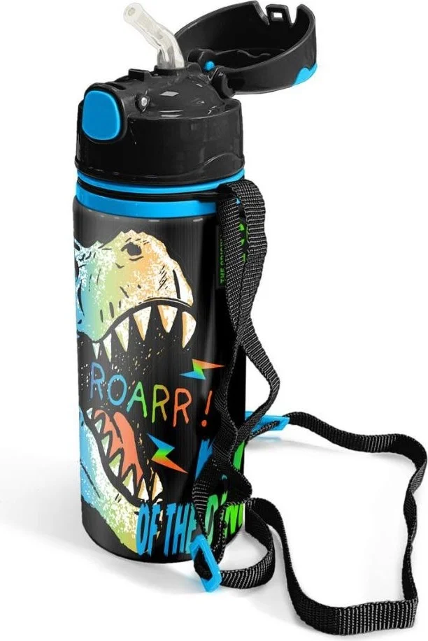 CORAL HIGH Kids Gray Dinosaur Patterned Aluminum Flask with Straw 600 ml 11944