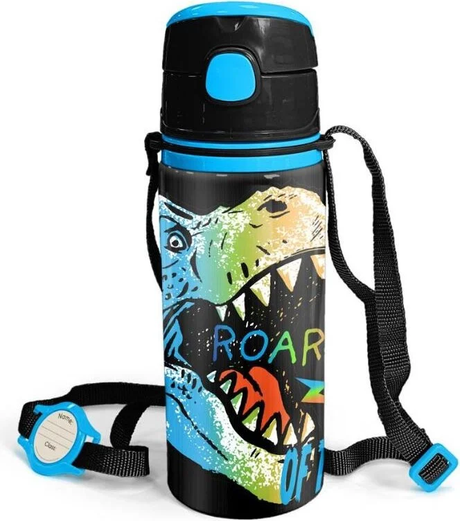 CORAL HIGH Kids Gray Dinosaur Patterned Aluminum Flask with Straw 600 ml 11944