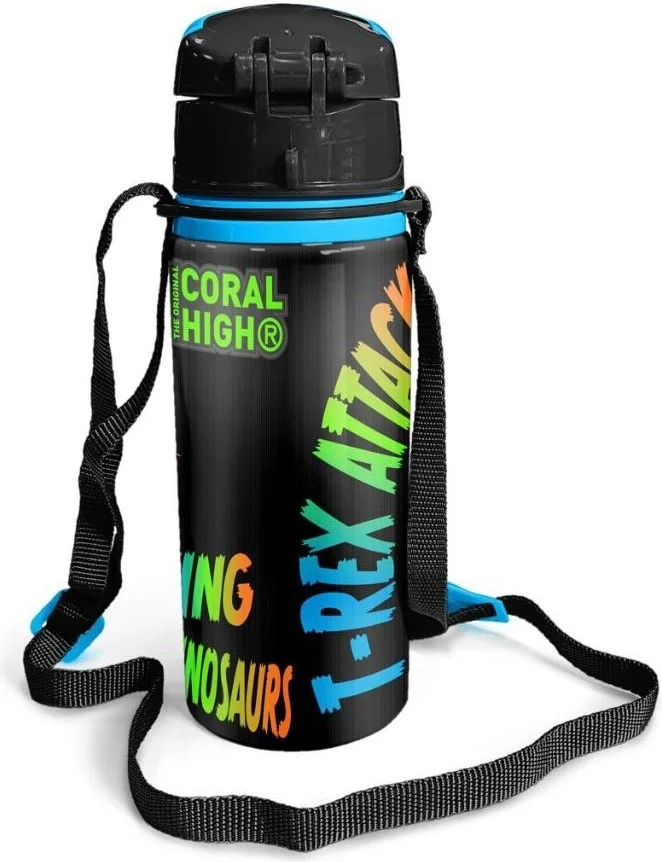 CORAL HIGH Kids Gray Dinosaur Patterned Aluminum Flask with Straw 600 ml 11944