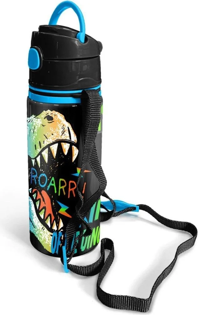 CORAL HIGH Kids Gray Dinosaur Patterned Aluminum Flask with Straw 600 ml 11944