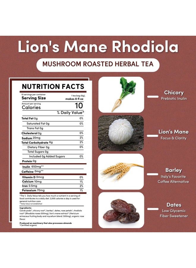 teeccino Caffeine-Free Mushroom Adaptogenic Herbal Tea - Lion's Mane Rhodiola Tea - Rose, 3x More Herbs than Regular Teas, Lightly Sweet from Dates & Figs, Chicory Prebiotic - 10 Tea Bags - Image 2