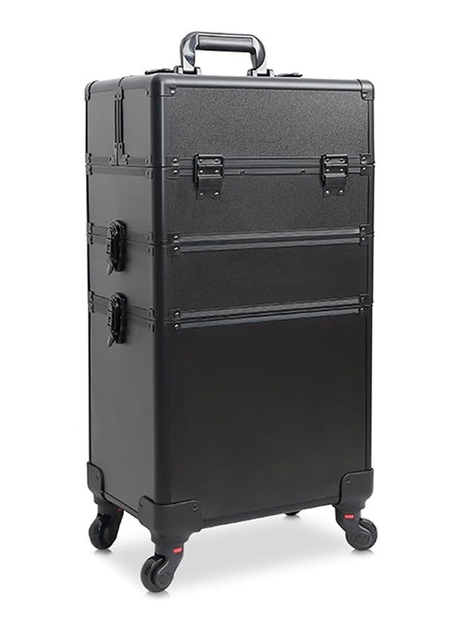 JCB CHIC Professional Makeup Case, Rolling Makeup Trolley Case, Large Makeup Train Case, Portable Traveling Cosmetic Case, Lockable Jewelry Travel Cosmetic Train Case w/ 4 Wheels(Black, 3 Layer) - Image 1