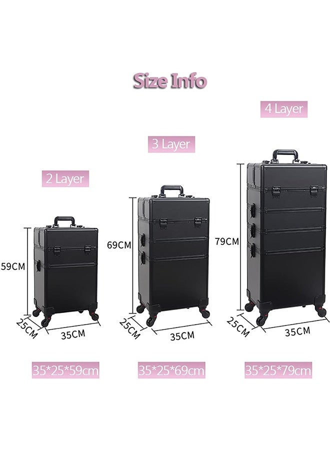 JCB CHIC Professional Makeup Case, Rolling Makeup Trolley Case, Large Makeup Train Case, Portable Traveling Cosmetic Case, Lockable Jewelry Travel Cosmetic Train Case w/ 4 Wheels(Black, 3 Layer) - Image 2