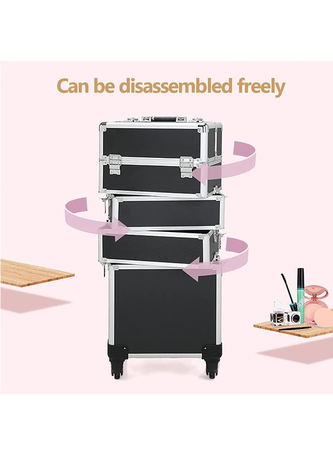 JCB CHIC Professional Makeup Case, Rolling Makeup Trolley Case, Large Makeup Train Case, Portable Traveling Cosmetic Case, Lockable Jewelry Travel Cosmetic Train Case w/ 4 Wheels(Black, 3 Layer) - Image 4