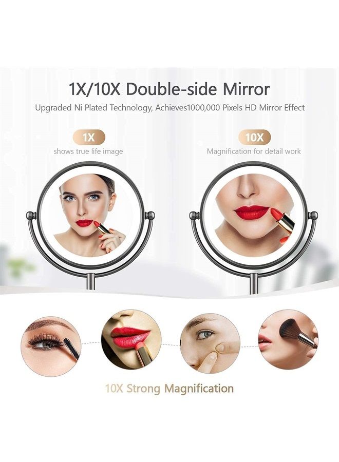 مرآة مكياج مضاءة احترافية 8.5 بوصة، مرآة تجميل مكبرة 1X/10X مع 48 ضوء LED، إضاءة بثلاثة ألوان، سطوع قابل للتعتيم (0-1200 لوكس)، تصميم فريد من النيكل الأسود الساتان، مرآة تجميل دوارة 360 درجة