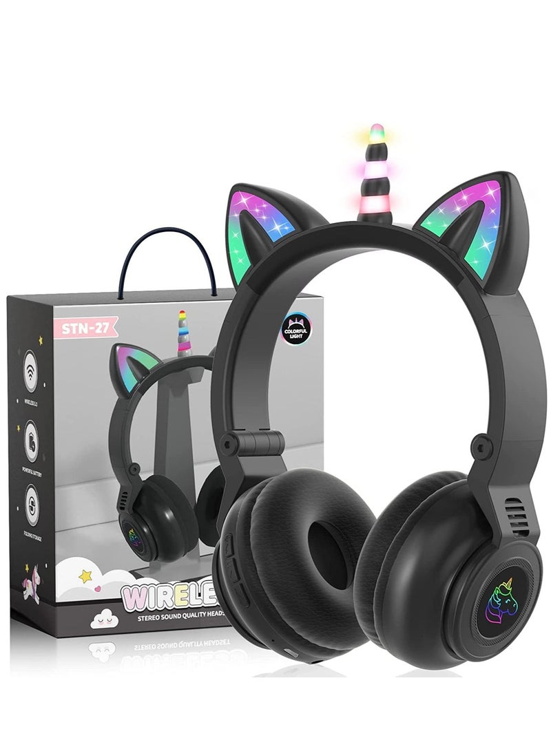 KASTWAVE Unicorn Headphones, Bluetooth Foldable Headphones Stero with Microphone and Volume Control Light Up for PC/Cell Phones/TV/iPad, Boys Girls Kids (black) - Image 1