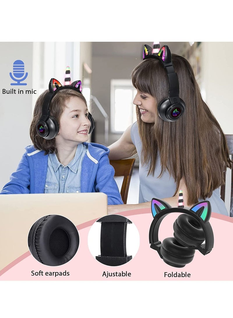 KASTWAVE Unicorn Headphones, Bluetooth Foldable Headphones Stero with Microphone and Volume Control Light Up for PC/Cell Phones/TV/iPad, Boys Girls Kids (black) - Image 3