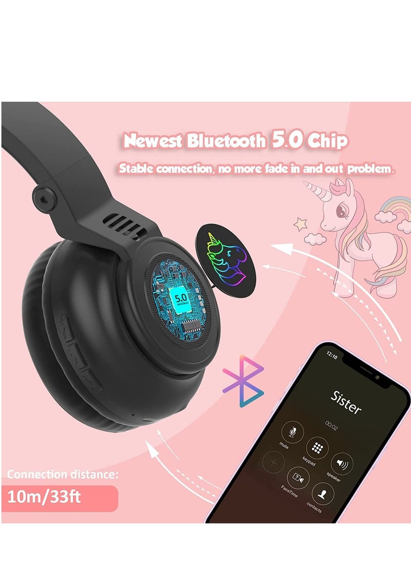KASTWAVE Unicorn Headphones, Bluetooth Foldable Headphones Stero with Microphone and Volume Control Light Up for PC/Cell Phones/TV/iPad, Boys Girls Kids (black) - Image 4