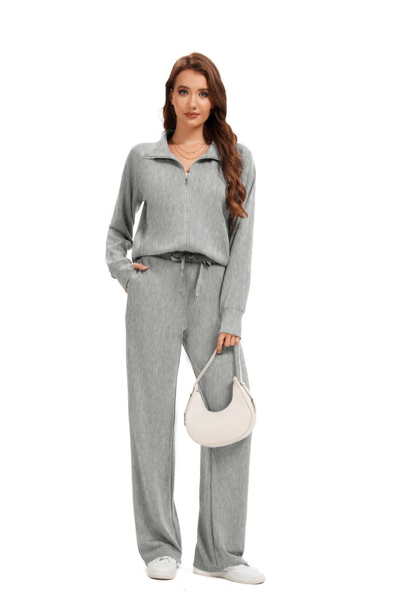 Sixstar Women Two Piece Outfits Sweatsuit Zip Up Sweatshirt Wide Leg Sweatpant Matching Travel Tracksuit Lounge Sets - Image 2