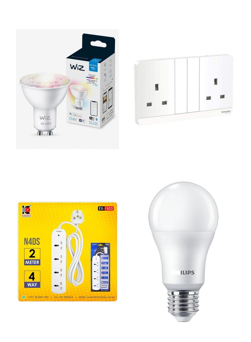Wiz 4 Pcs Lighting Set - Schneider Electric Switches + Wiz Bulbs + Philips LED Bulbs + Kadris Power Strip - Image 1
