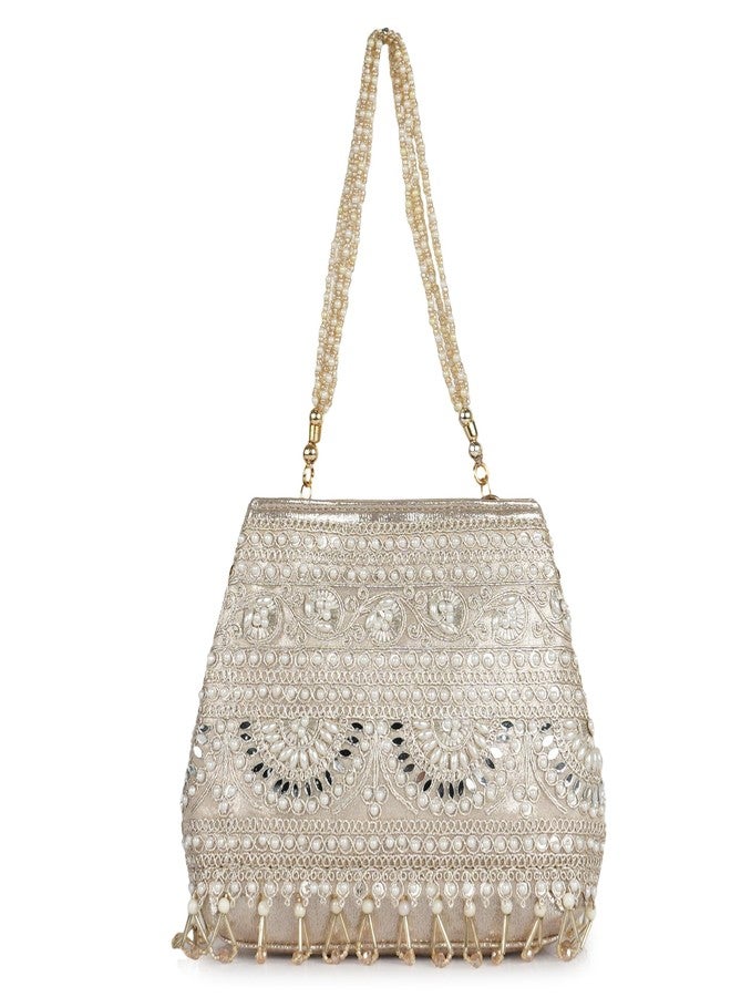 Nevis Stylish Embroidery Unique Design Traditional Wedding Party Handheld Potli Bag For Women (GOLD) - Image 1