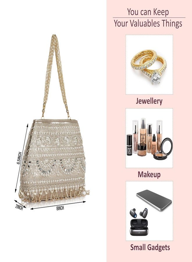 Nevis Stylish Embroidery Unique Design Traditional Wedding Party Handheld Potli Bag For Women (GOLD) - Image 4