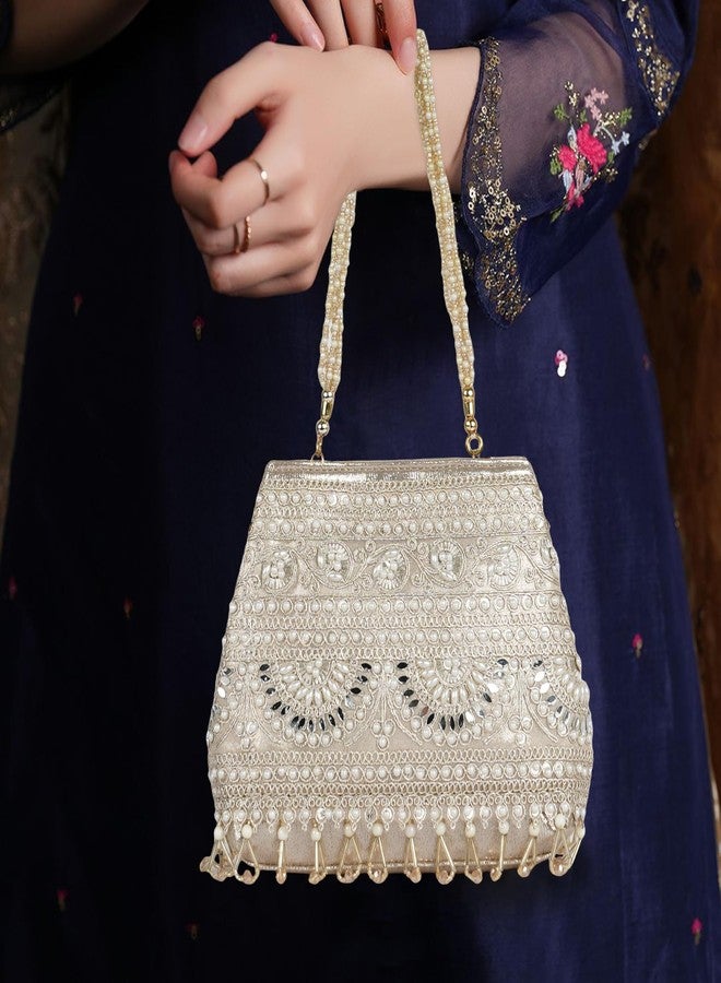 Nevis Stylish Embroidery Unique Design Traditional Wedding Party Handheld Potli Bag For Women (GOLD) - Image 2