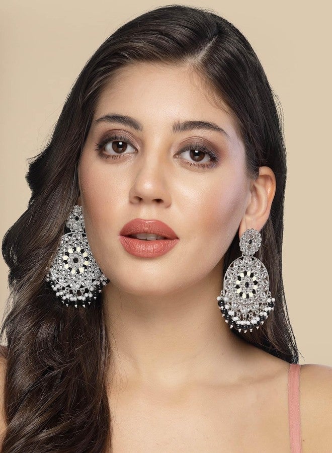 ADIVA Oxidised Silver-Plated Pearl & Stone Studded Peacock Shaped Drop Earrings Set for women, Traditional Stylish Jhumka for Girls Party, Wedding, Festive - Image 4