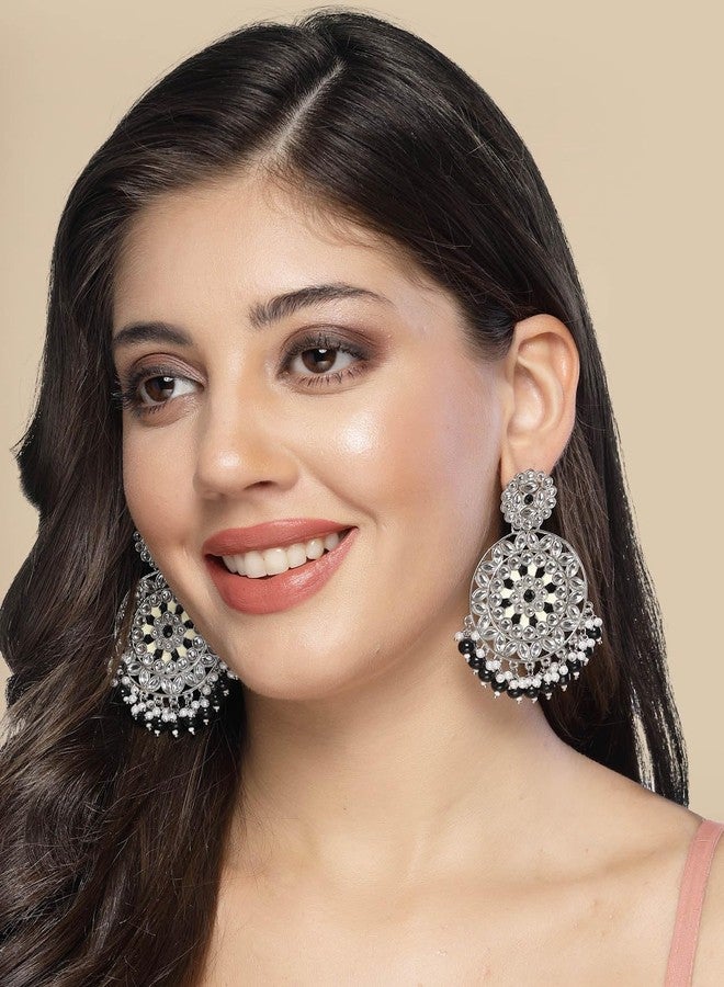 ADIVA Oxidised Silver-Plated Pearl & Stone Studded Peacock Shaped Drop Earrings Set for women, Traditional Stylish Jhumka for Girls Party, Wedding, Festive - Image 5