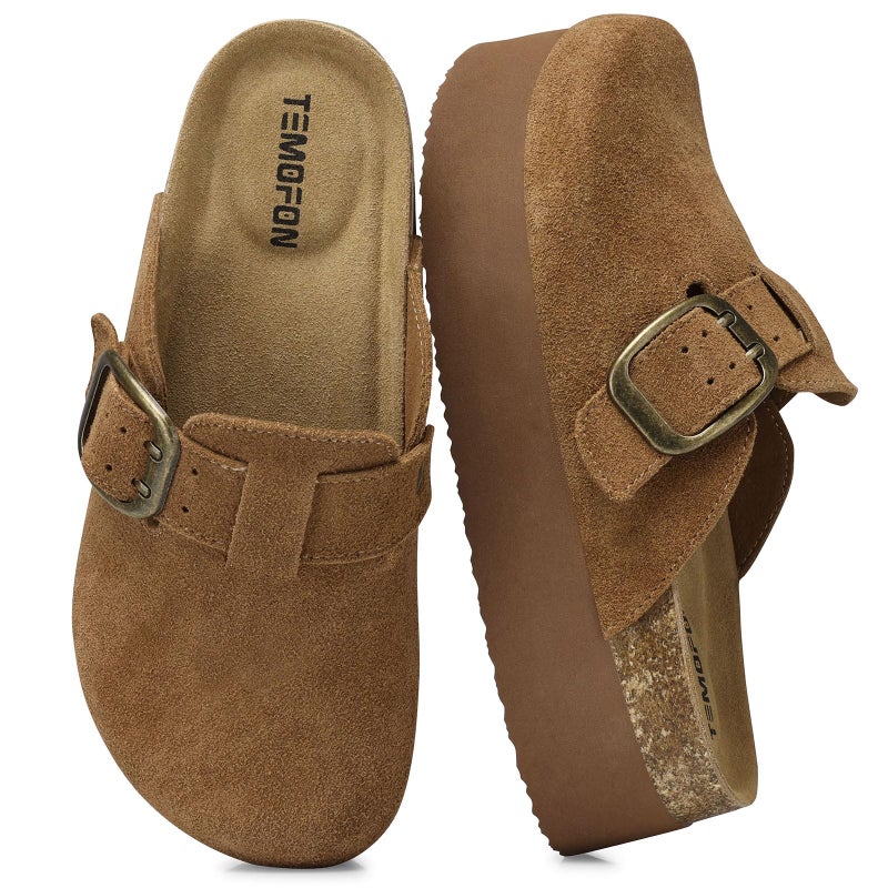 TEMOFON Genuine Suede Clogs for Women: Comfortable Leather Platform Mules & Clogs for Women Footwear - Cork Footbed Closed Toe Sandals Potato Shoes Dark Brown Size 8.5 - Image 1