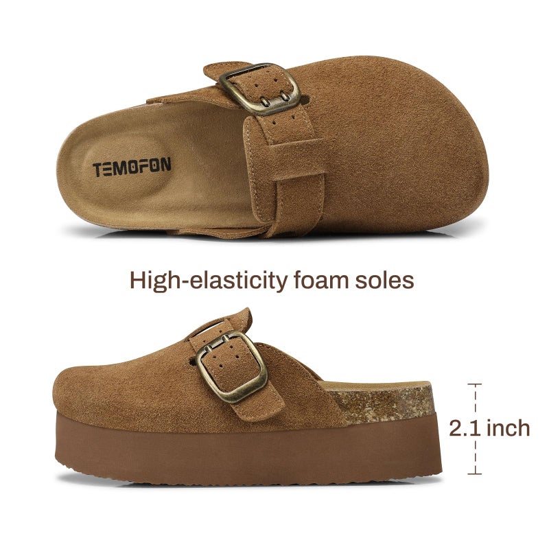 TEMOFON Genuine Suede Clogs for Women: Comfortable Leather Platform Mules & Clogs for Women Footwear - Cork Footbed Closed Toe Sandals Potato Shoes Dark Brown Size 8.5 - Image 4
