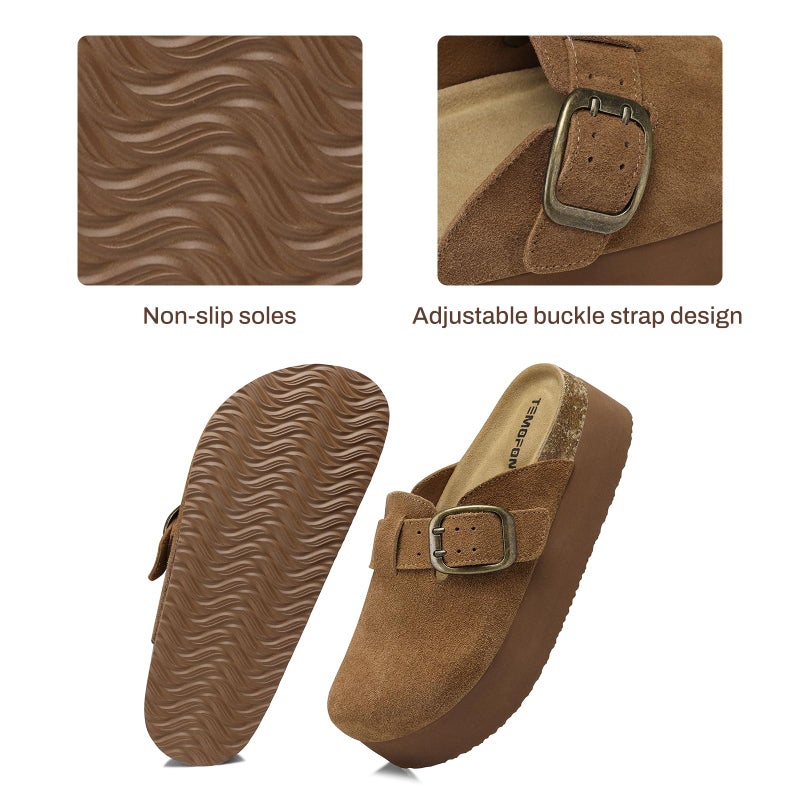 TEMOFON Genuine Suede Clogs for Women: Comfortable Leather Platform Mules & Clogs for Women Footwear - Cork Footbed Closed Toe Sandals Potato Shoes Dark Brown Size 8.5 - Image 5