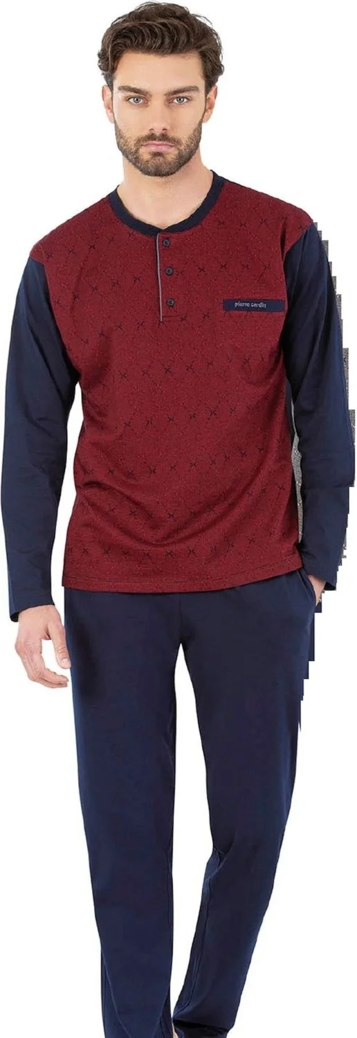 بيير كاردان 6059 Men's Claret Red Jacquard Long Sleeve Plaid Pajama Set