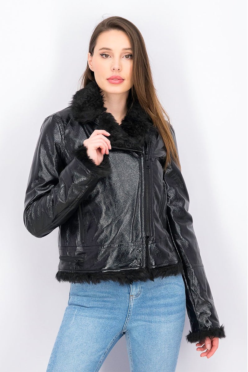 Kensie Women Faux Spillout Biker Jacket, Black - Image 1