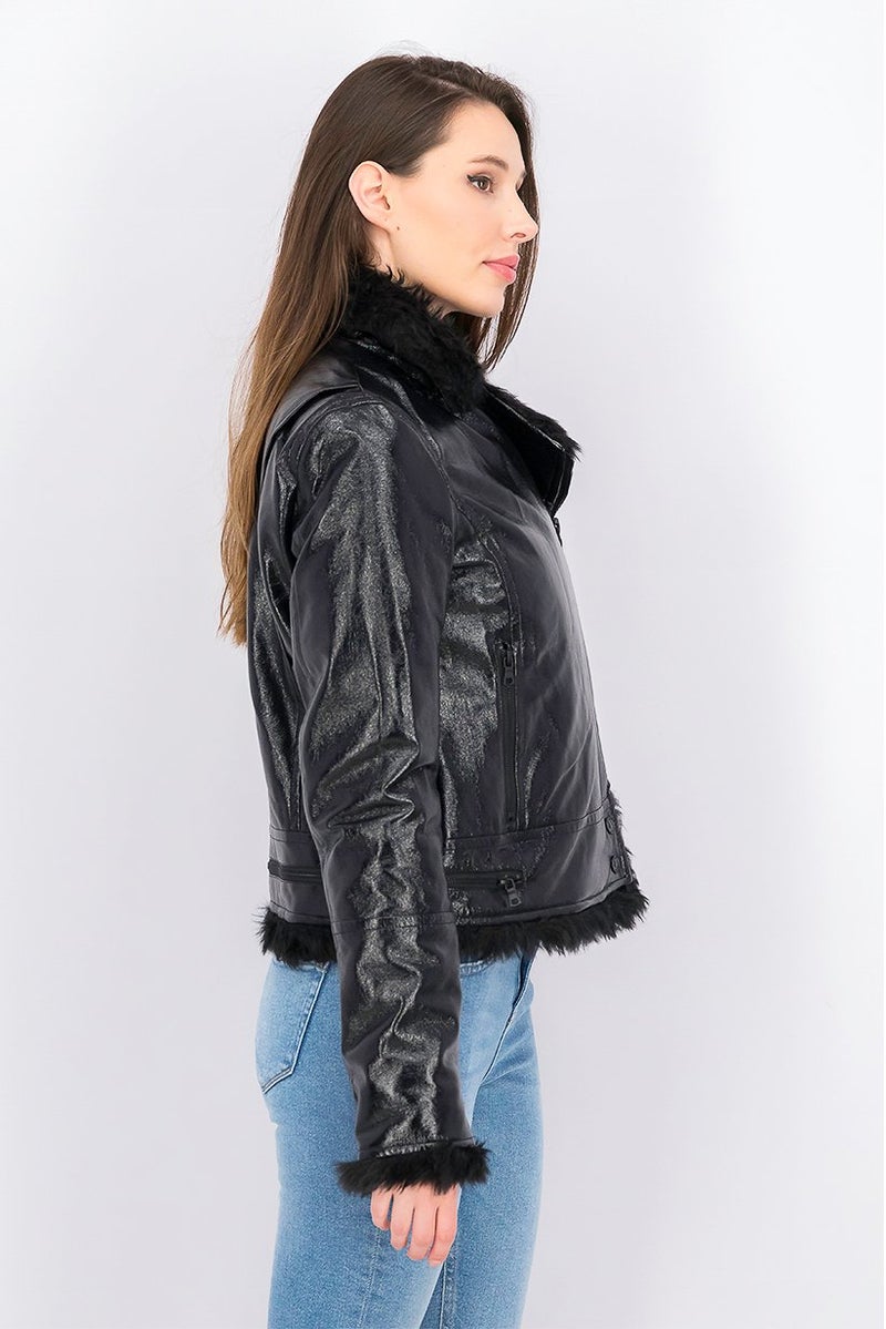 Kensie Women Faux Spillout Biker Jacket, Black - Image 3
