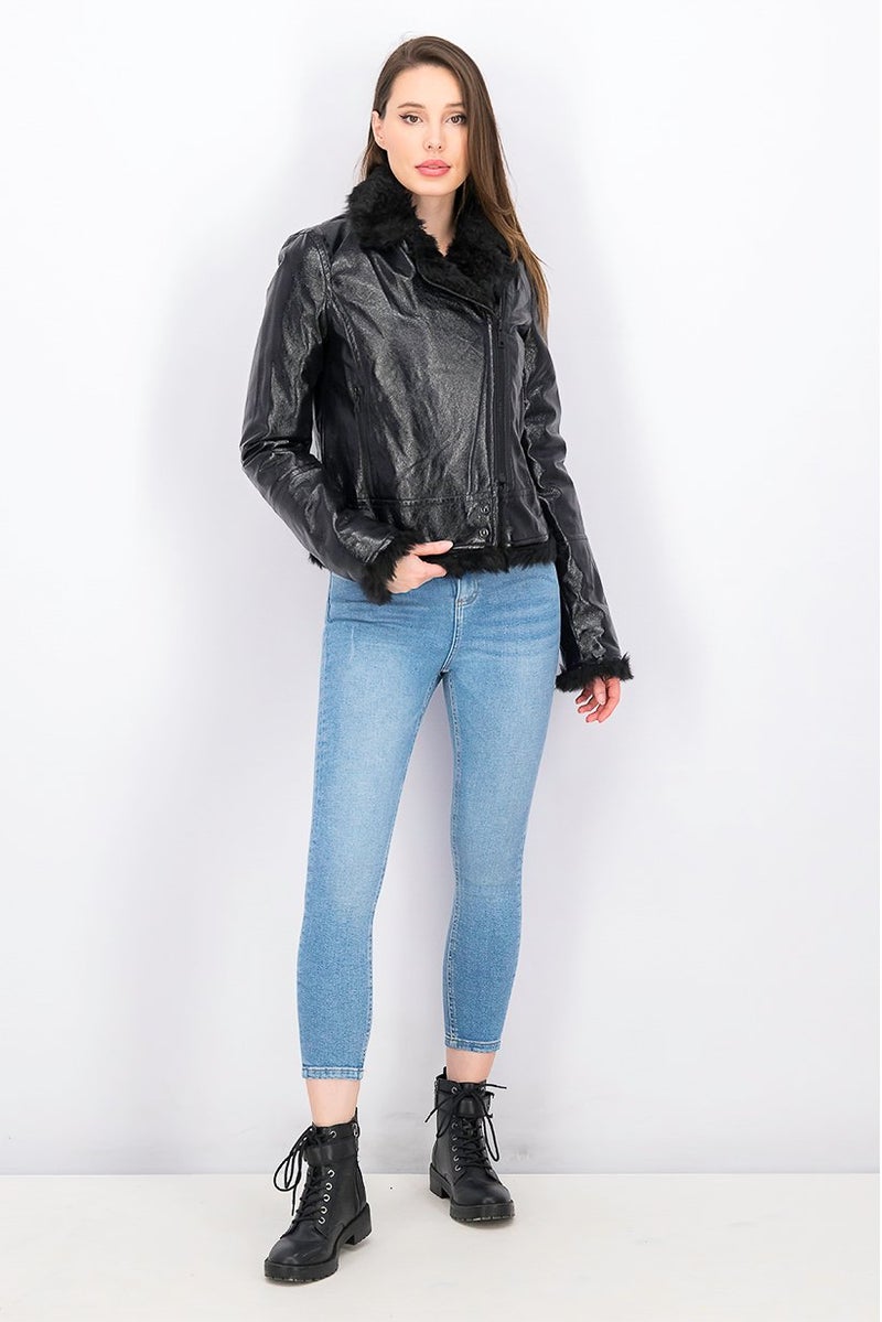 Kensie Women Faux Spillout Biker Jacket, Black - Image 2