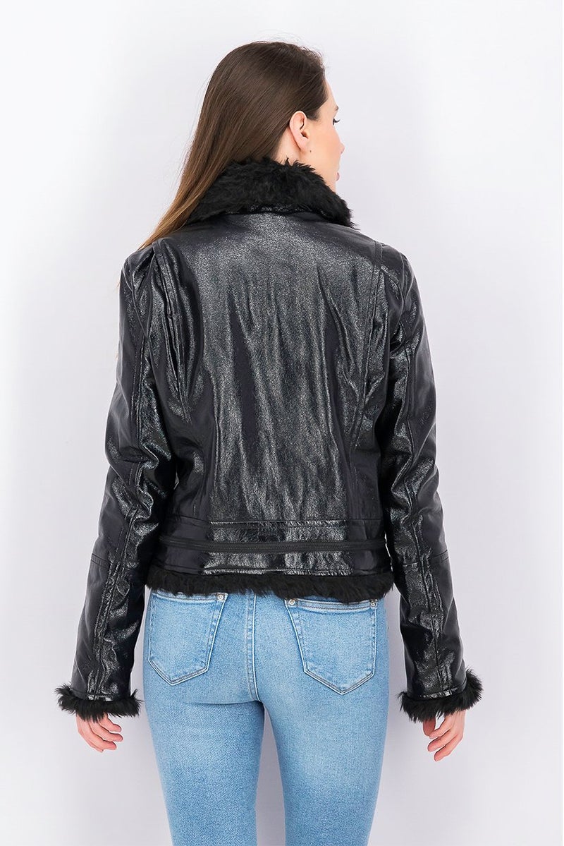 Kensie Women Faux Spillout Biker Jacket, Black - Image 4