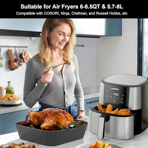 PINTAUR 9-Inch Square Silicone Liners for Large Air Fryer 2Pack, 6 to 8.5QT Silicone Pot Baking Accessories for Chefman COSORI Ninja Instant Pot Vortex XL Cuisinart, Reusable Air Fryer Tray Insert - Image 3