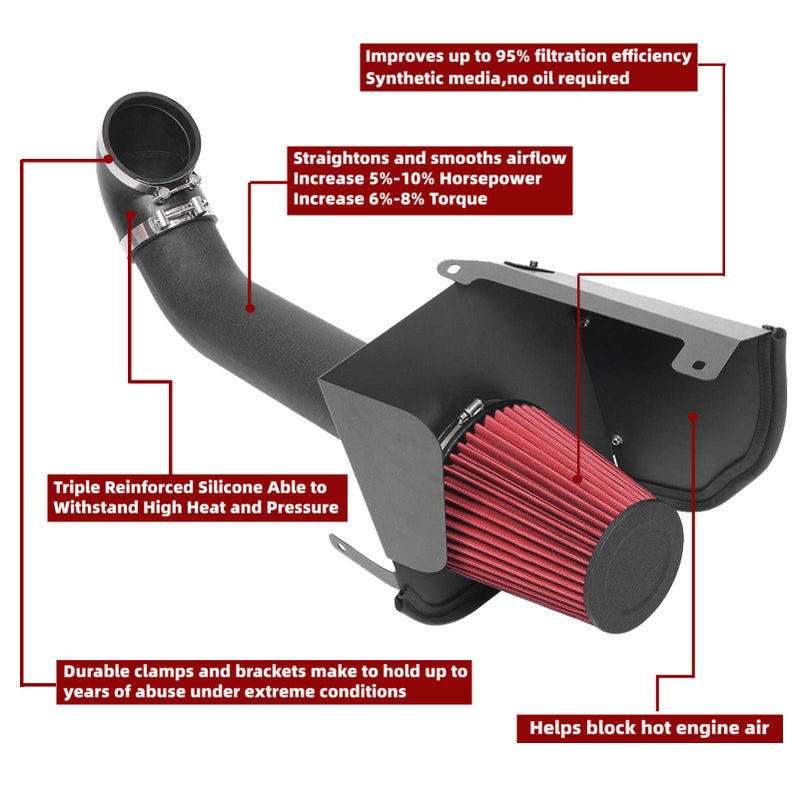 Generic OBUYTO 4 Inch Cold Air Intake Filter Kit & Heat Shield for 2009-2014 Silverado 1500 GMC Sierra 1500 Yukon Cadillac Escalade ESV EXT (Black & Red)  - Image 2